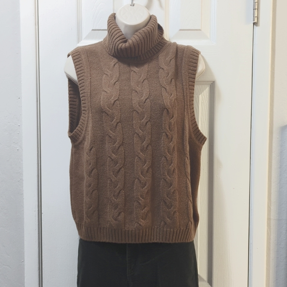 GAP Brown Cable Knit Sleeveless Turtleneck Sweater